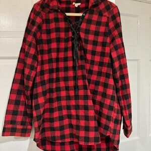 Hem & Thread Buffalo Check Lace Up Pullover Shirt - Large
